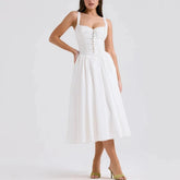Auzaria - White Broderie Fit & Flare Lace Up Midi Dress